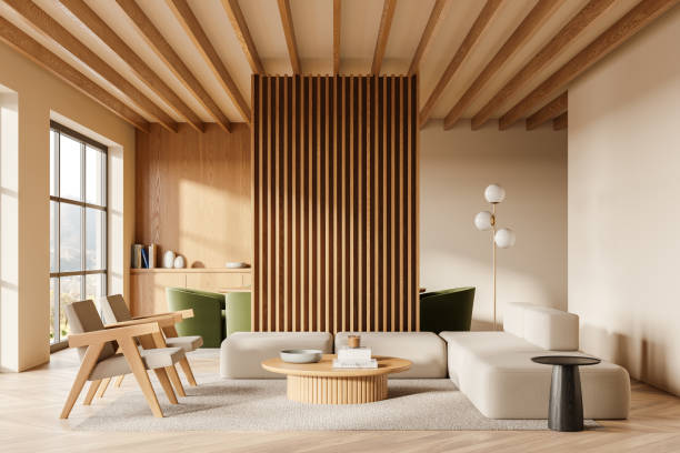 istock Beige home living room interior with relaxing and eating zone, window 2179954657
