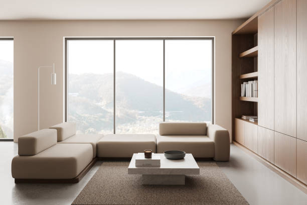 istock Home living room interior with couch and decoration, panoramic window 2179954831