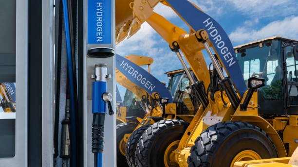 istock Hydrogen fueling nozzle on a background of fuel cell construction machines. Concept 2179955781
