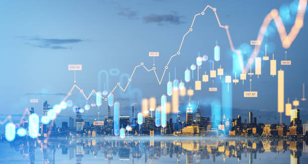 istock Forex graph changes, candlesticks and lines with bars. New York skyscrapers 2179955928