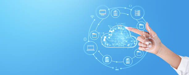 istock Woman finger touch cloud service hologram and files storage. Copy space 2179958005