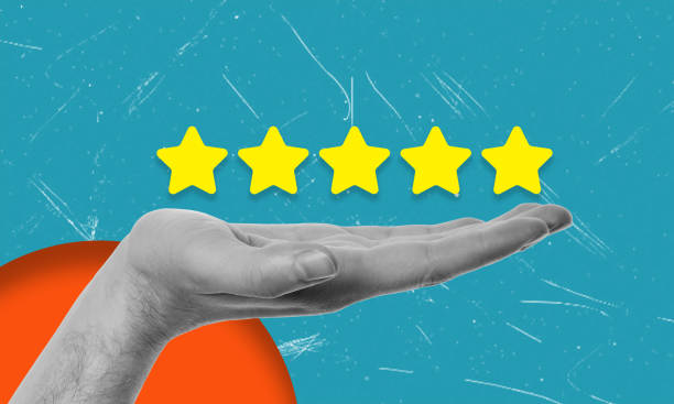 istock Contemporary art collage featuring a hand and five stars on a blue background. 2179959694
