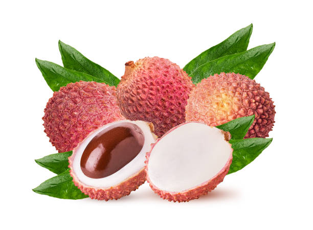 istock Fresh lychee the skin is cut, whole, cut in half, with bone with green leaf 2179960864
