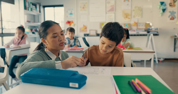 istock Help, teacher and kid at desk in classroom with notebook, growth and child development in education. Learning, woman and boy student together with support, writing and exam notes at elementary 2179961264