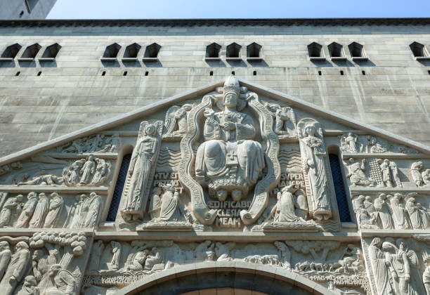 istock Stone carving on church facade depicting religious scene 2179964463