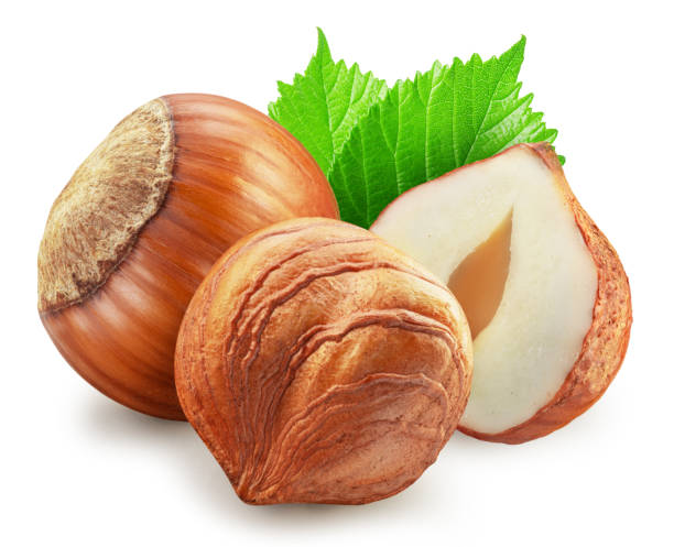 istock Hazelnuts, split of hazelnut kernel and green leaves on white background. Clipping path. 2179965365
