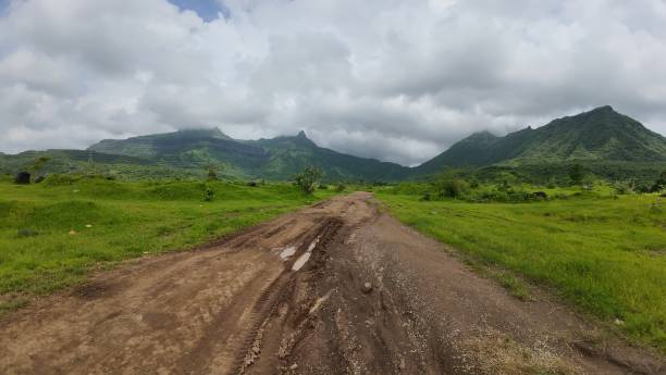 istock A scenic view of a muddy path cutting through a lush green meadow under a cloudy sky 2179972710