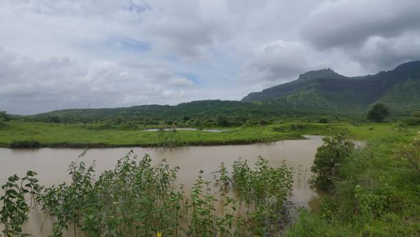 istock Lush green landscape with a waterbody under a cloudy sky 2179972899
