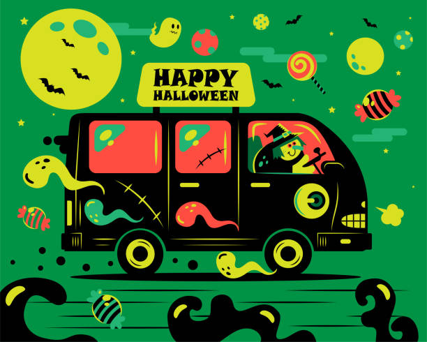 Witch is driving an anthropomorphic camper van, shuttle bus, school bus, or motor home, wishing you a happy Halloween, with Halloween backgrounds, including a Full Moon, Bat, Ghost, Candy, and Eyeball Happy Halloween Characters Vector Art Illustration.
Witch is driving an anthropomorphic camper van, shuttle bus, school bus, or motor home, wishing you a happy Halloween, with Halloween backgrounds, including a Full Moon, Bat, Ghost, Candy, and Eyeball. funny-school-bus stock illustrations