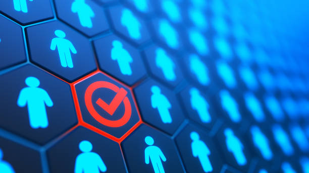 istock Red check mark and crowd people background. Vote symbol. Correct choice 3d illustration. 2179978640