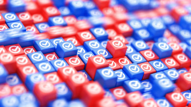 Cubes with red and blue check mark background. Approved, vote symbol. Correct choice 3d illustration.
