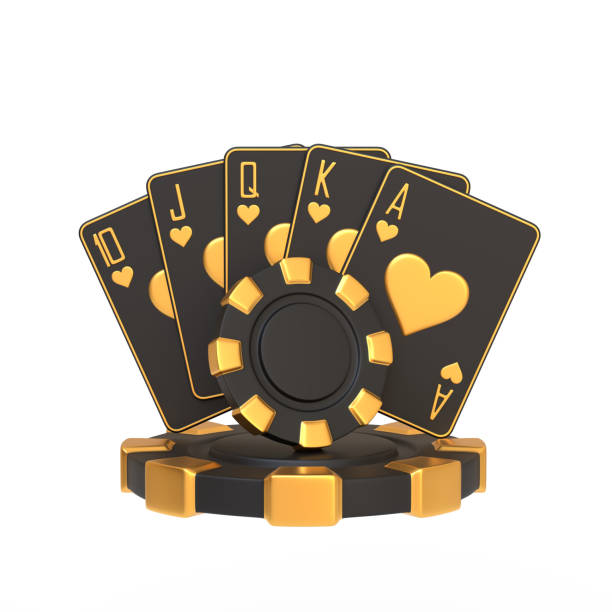 istock Golden Royal Flush Poker Hand with Chip Stack. 3D render illustration 2179979853