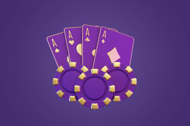 istock Four Aces with Purple and Gold Poker Chips. 3D render illustration 2179979855
