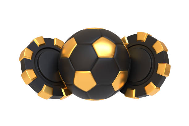 Black and gold soccer ball flanked by two matching poker chips, representing sports and gambling themes. 3D render illustration
