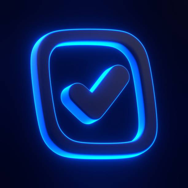 istock Glowing Blue Neon Check Mark Icon on Dark Background 2179980191