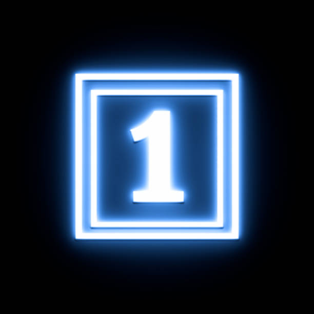 Metallic number 1 illuminated by blue and magenta lights on blue and magenta background. Horizontal composition.