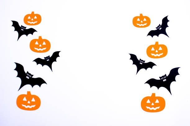 This is a Halloween-themed image featuring black bats and orange pumpkins on a stark white background. The contrast of colors creates a striking, festive scene, capturing the spooky yet fun spirit of the holiday.