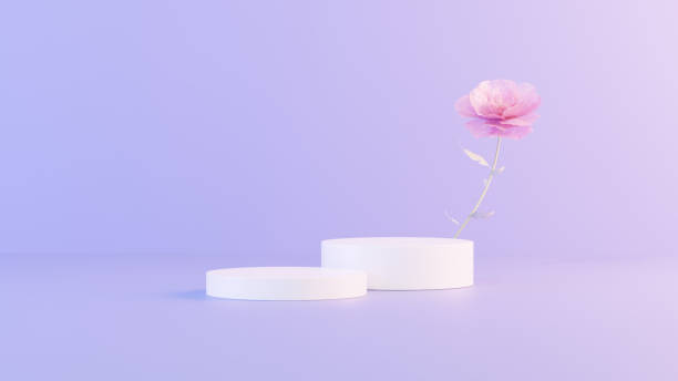 istock Background featuring an empty product display mockup with a purple backdrop and abstract geometric platforms designed for showcasing merchandise in landscape orientation. 2179999518