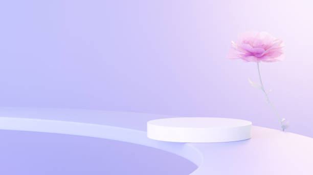 istock Background featuring an empty product display mockup with a purple backdrop and abstract geometric platforms designed for showcasing merchandise in landscape orientation. 2179999590
