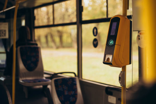 Contactless payment system on the bus. Payment for travel. Copy space.