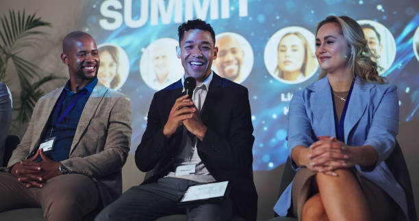 istock Conference, speech and keynote speaker with business people and technology for networking, industry panel and summit. Convention, stage and ai ethics with seminar for audience, event showcase or news 2180004861