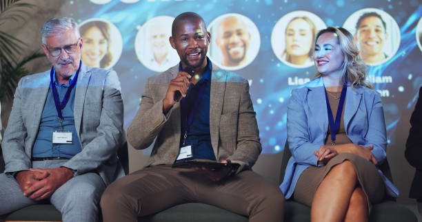 istock Microphone, speech and seminar with business people and technology for networking, industry panel and keynote speaker. Hackathon, summit and ai ethics with conference for audience, showcase and news 2180004891