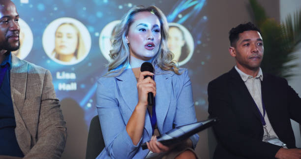 istock Stage, seminar and conference with business people and technology for networking, industry panel and keynote speaker. Hackathon, summit and ai ethics with speech for audience, event showcase and news 2180004901