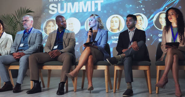 istock Microphone, seminar and conference with business people and technology for networking, industry panel and keynote speaker. Hackathon, summit and ai ethics with speech for audience, showcase and news 2180004904