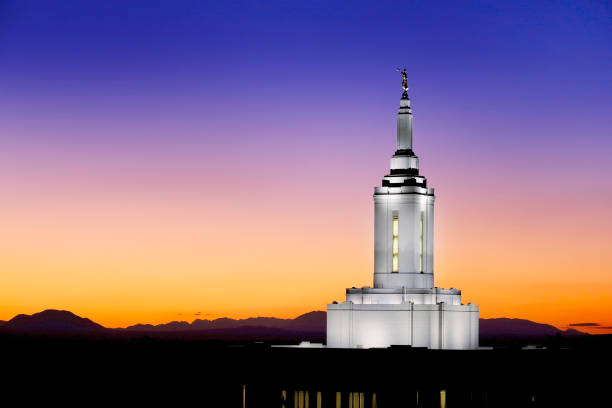 istock Pocatello Idaho LDS Mormon Temple with Lights at Sunset 2180019124