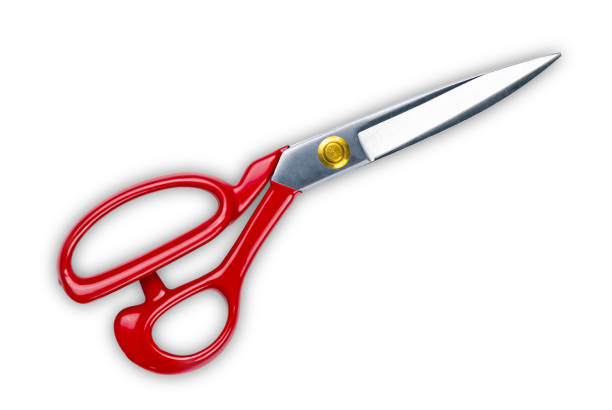 Top view or flat lay new single stainless steel scissors isolated on white background with clipping path
