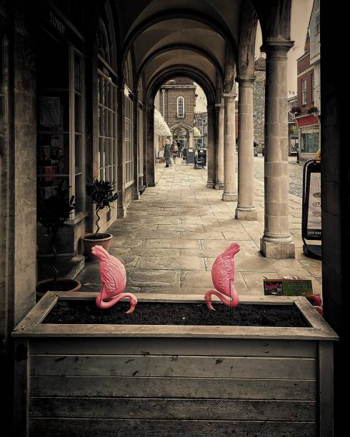 Two plastic flamingos feeding from plant container in an arcade