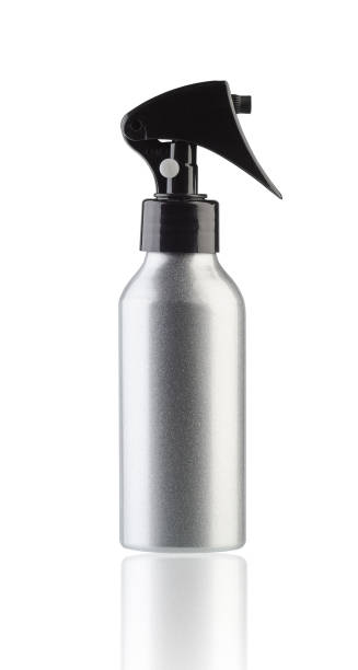 istock Professional silver pearlescent bottle for hair spraying when cutting isolated on white 2180027525
