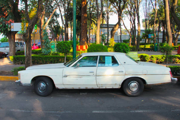 The image showcases a vintage white car parked along a tree-lined street, exuding a sense of nostalgia and character. This classic vehicle, with its slightly worn exterior and old-fashioned design, serves as a striking focal point amidst the lush greenery surrounding it.\n\nThe setting is serene, highlighted by the neatly trimmed hedges and tall trees that frame the scene, suggesting a peaceful neighborhood atmosphere. Sunlight filters through the leaves, casting soft shadows that enhance the car’s classic lines and features. The contrast between the vintage vehicle and the modern elements of the environment, like the nearby foliage and urban backdrop, creates a captivating blend of past and present.