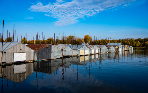 Boathouses in Vogel Harbor on the Mississippi River in Red Wing, Minnesota