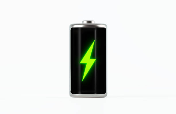 Green empty battery with charging symbol on white background. Horizontal composition with clipping path and copy space. Battery life and charging concept,