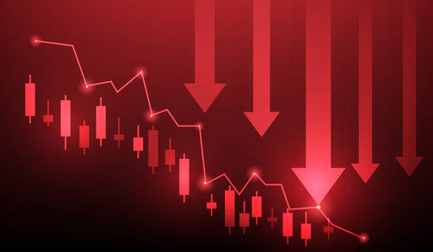 istock economy business crisis and graph investment down on red background. arrow trading chart candlestick fall. vector illustration fantastic technology. 2180035100