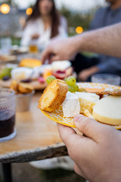 Friends enjoying beautiful cheese arrangement on a table, outdoors at a picnic area.