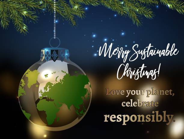 istock Sustainability concept with globe christmas ornament hanging on a fir-tree branches. 2180039318