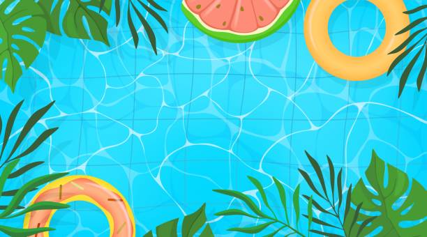 istock Summer pool. Fun swim background water for summertime party invite or sale, pink tubes float on waves, green tropical leaves. Watermelon and donut rings. Copy space. Vector illustration 2180047438