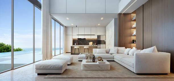 istock Living room luxury house in modern style.White sofa with pool and sea view.3d rendering 2180053464