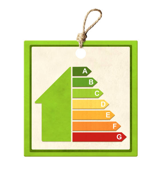 istock Paper cardboard label with energy efficiency chart. Retro tag with eco paper texture and energy efficiency symbol. Energy class, bioenergetic, ecology concept. Isolated on white background 2180057103