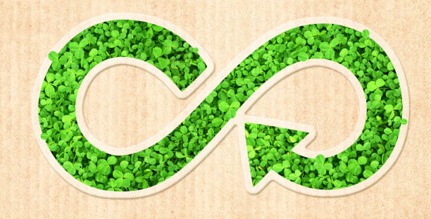 istock Arrows recycle symbol with clover leaves on striped cardboard texture. Horizontal banner with eco paper texture. Ecology, go green, Green Energy, environmental, conservation protection concept 2180057710