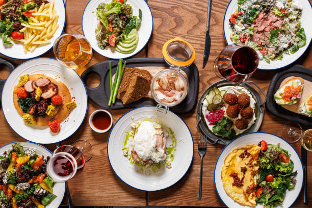 istock festive table with various food top view, no people 2180058954