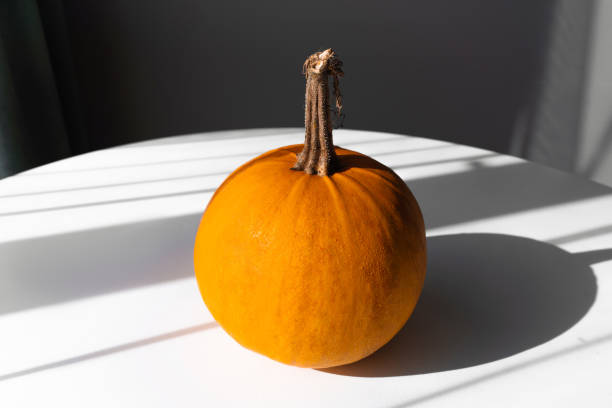 istock Orange Pumpkin on a White Table in Natural Light 2180062448