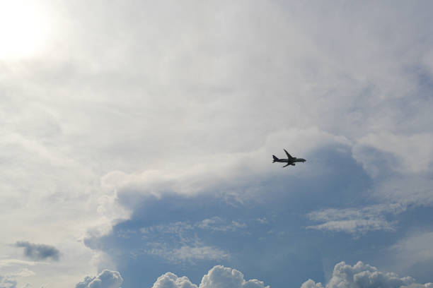 Shadow of an airplane in the sky on a clear day with clouds covering it.