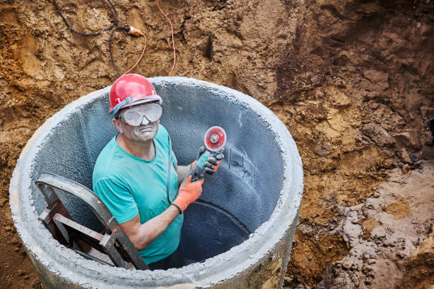 istock Concrete dust covered safety glasses on  construction worker holding an angle grinder with diamond cutting wheel. 2180073209