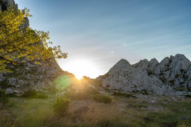 The Master's Road, half-asphalted, half-macadam 41-kilometer-long Majstorska cesta in Velebit.  One of the most beautiful tourist attractions in Croatia. Build 200 hundred years ago. Tula's crags are a karst formations on Velebit , their main feature tall pillars and towers, with long grooves carved through them. Movie scene of Winnetou.