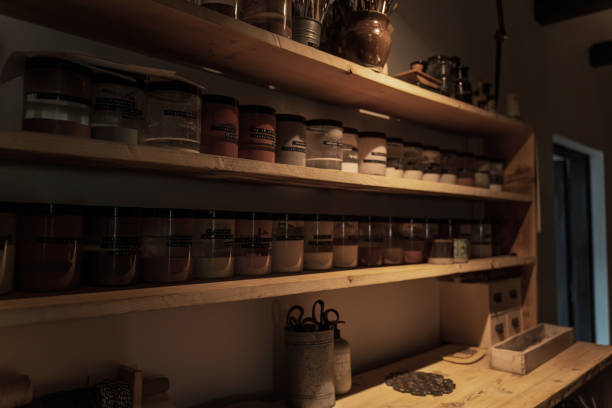 istock Artistic Workshop Shelves With Ceramic Supplies and Tools 2180076278