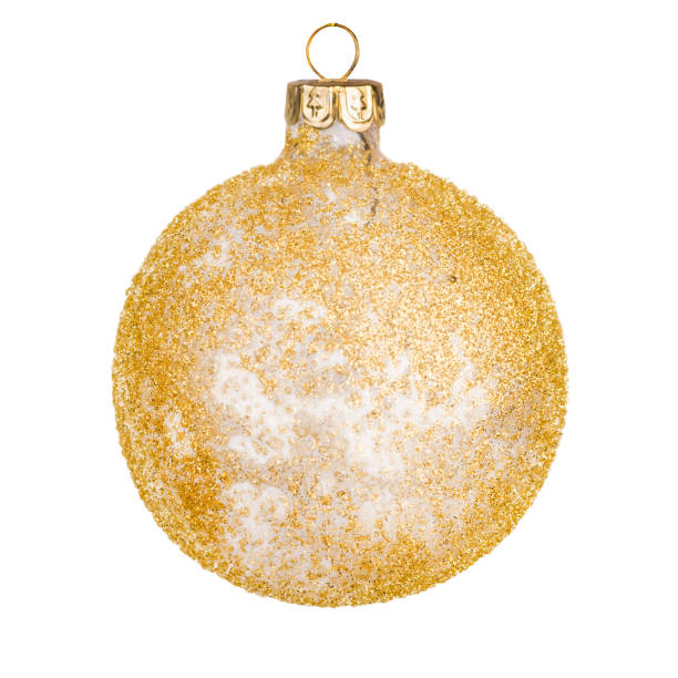 A sparkling gold ball-shaped Christmas ornament with a textured glittery surface, hanging from a red ribbon. It has a classic metallic cap, making it a festive addition to holiday decorations.