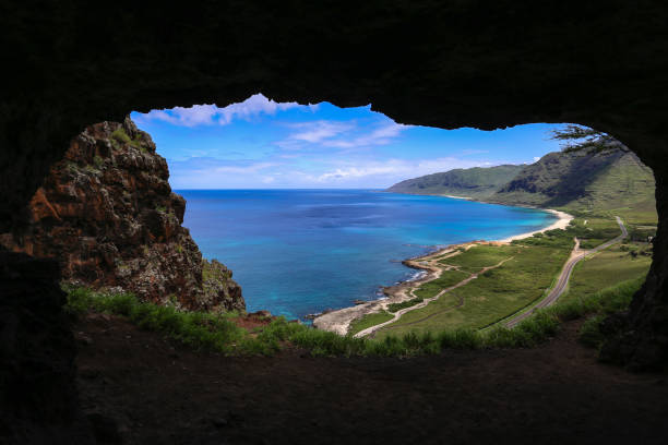 Overhanging rocky coastal scene